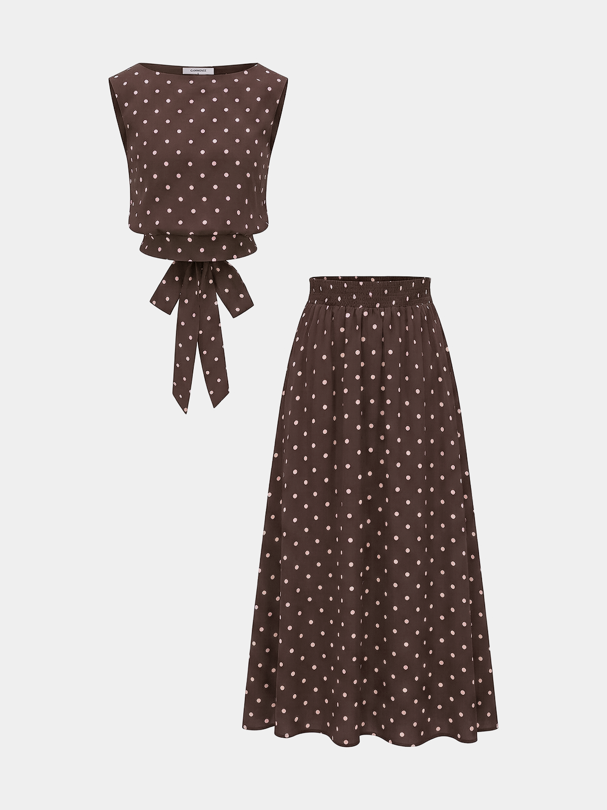 Conjunto de top sin mangas de lunares y falda larga