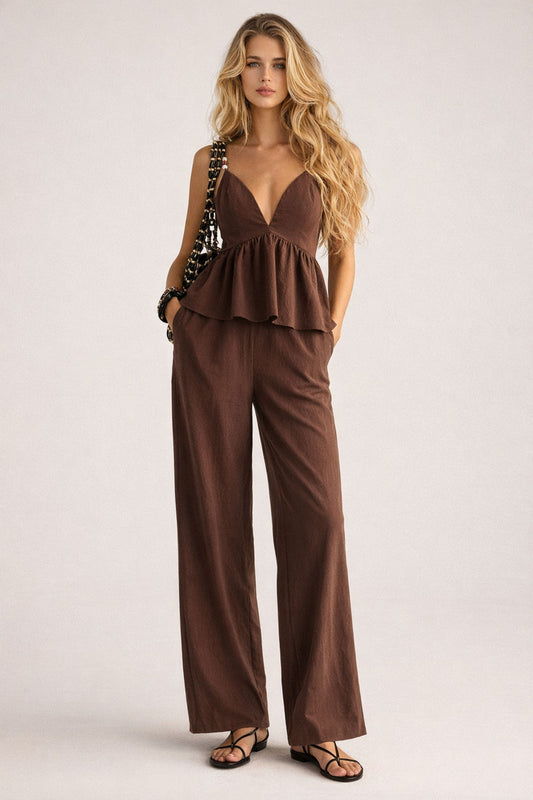 Conjunto de top y pantalones con tirantes con cuentas y peplum de algodón