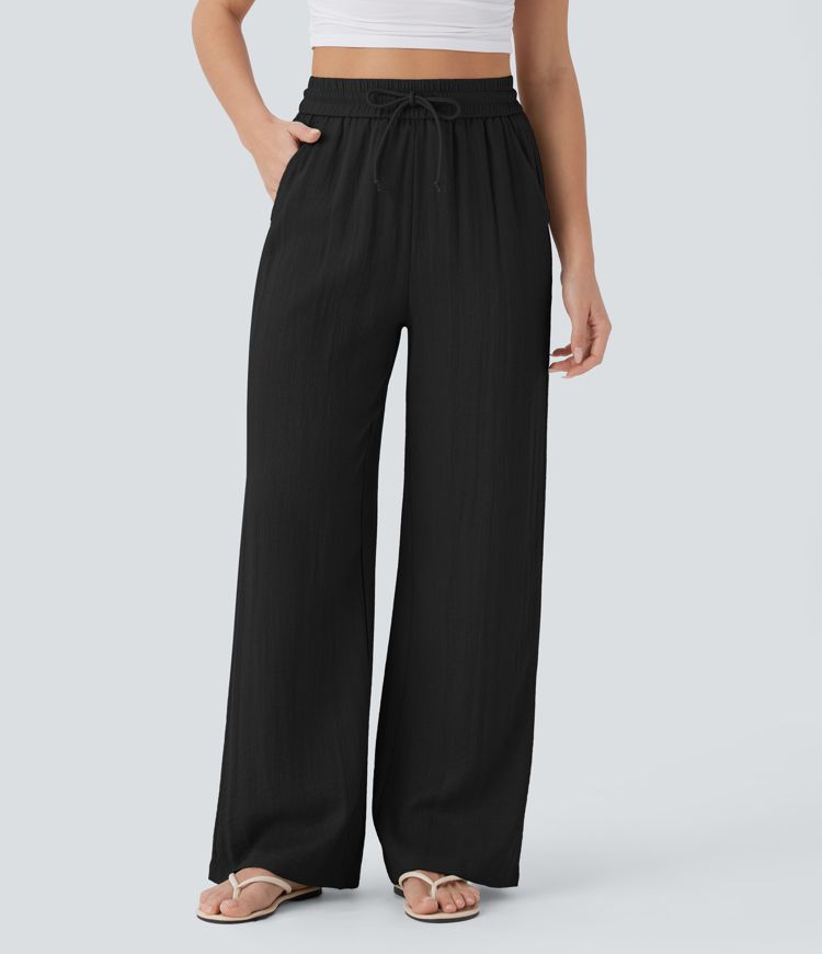 Pantalón Palazzo de Tiro Alto con Acabado Lino