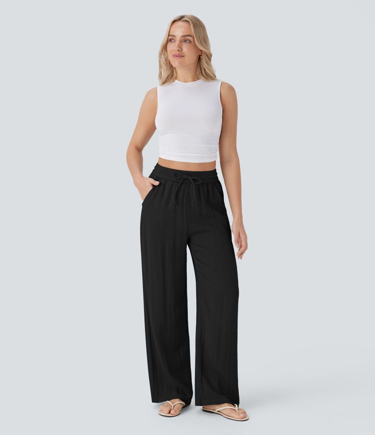 Pantalón Palazzo de Tiro Alto con Acabado Lino