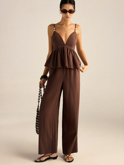 Conjunto de top y pantalones con tirantes y peplum de algodón