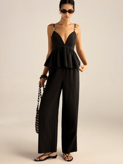 Conjunto de top y pantalones con tirantes y peplum de algodón