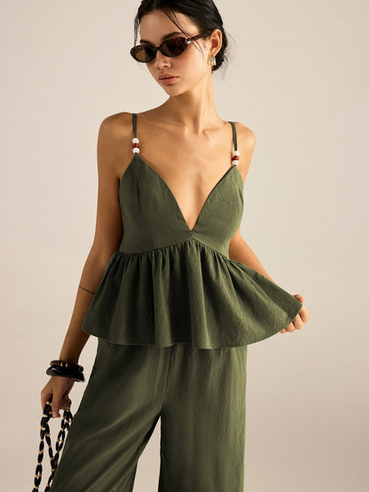Conjunto de top y pantalones con tirantes y peplum de algodón