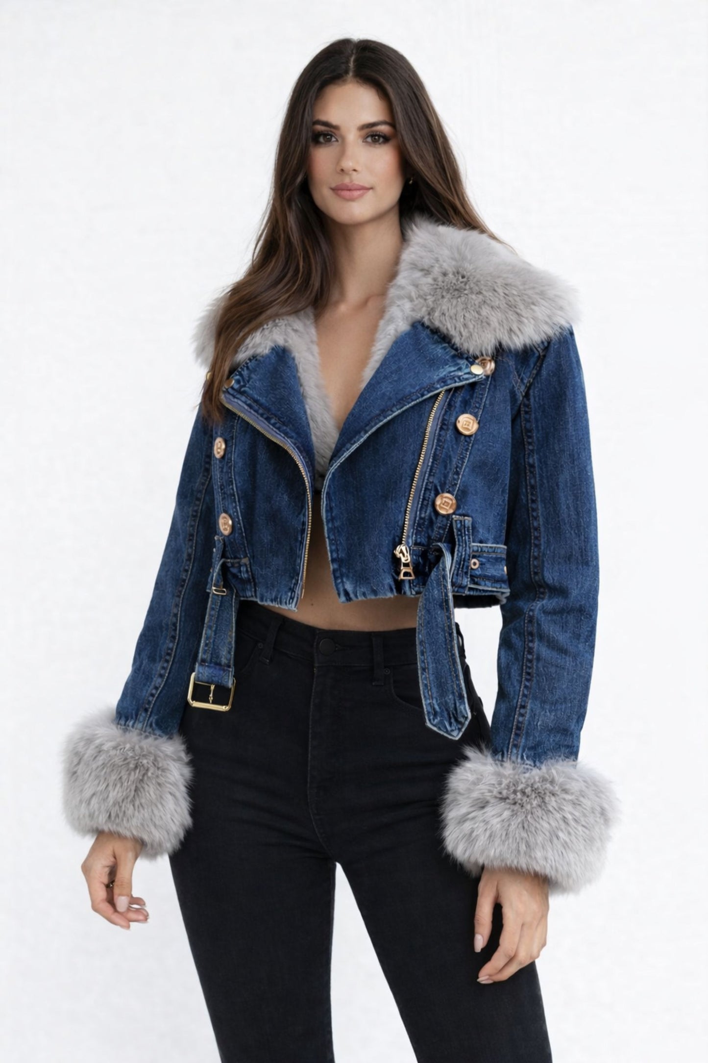 Chaqueta denim con cuello de pelo