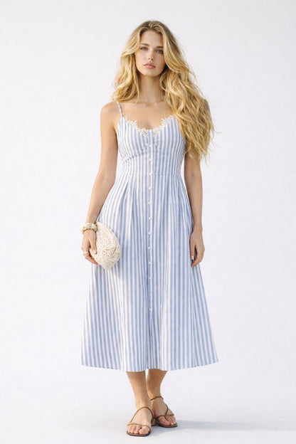 Vestido largo con tirantes de encaje y rayas