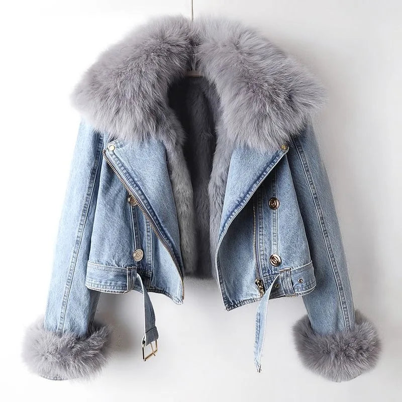 Chaqueta denim con cuello de pelo