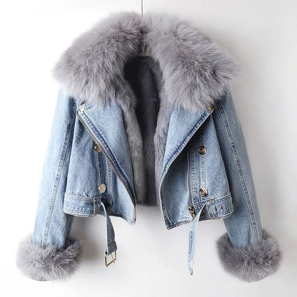 Chaqueta denim con cuello de pelo