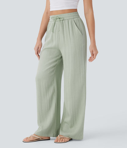 Pantalón Palazzo de Tiro Alto con Acabado Lino