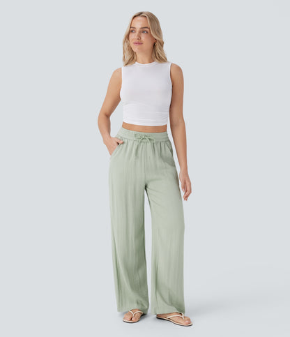 Pantalón Palazzo de Tiro Alto con Acabado Lino