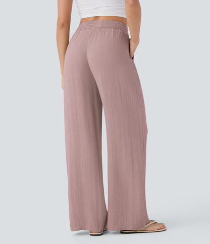 Pantalón Palazzo de Tiro Alto con Acabado Lino
