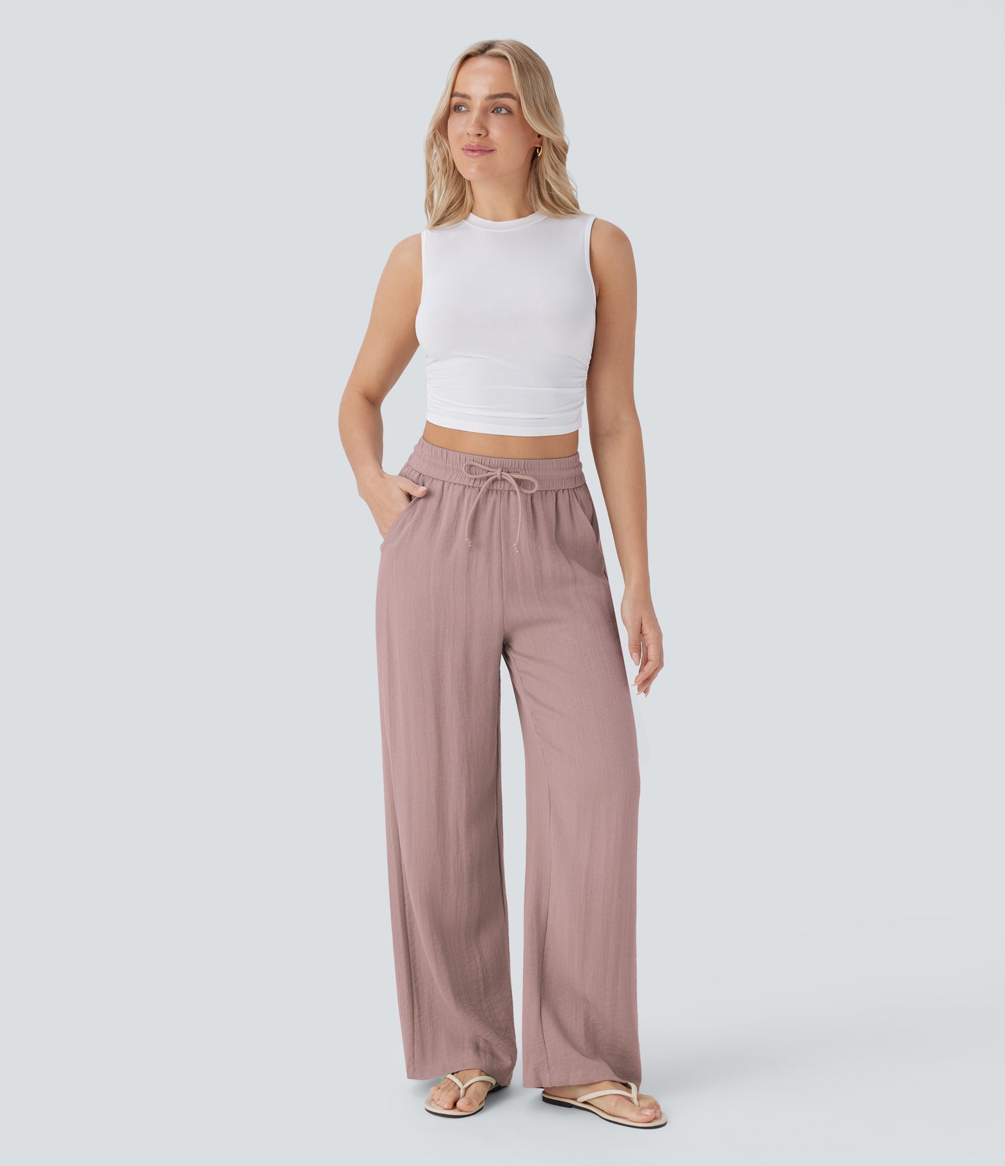 Pantalón Palazzo de Tiro Alto con Acabado Lino