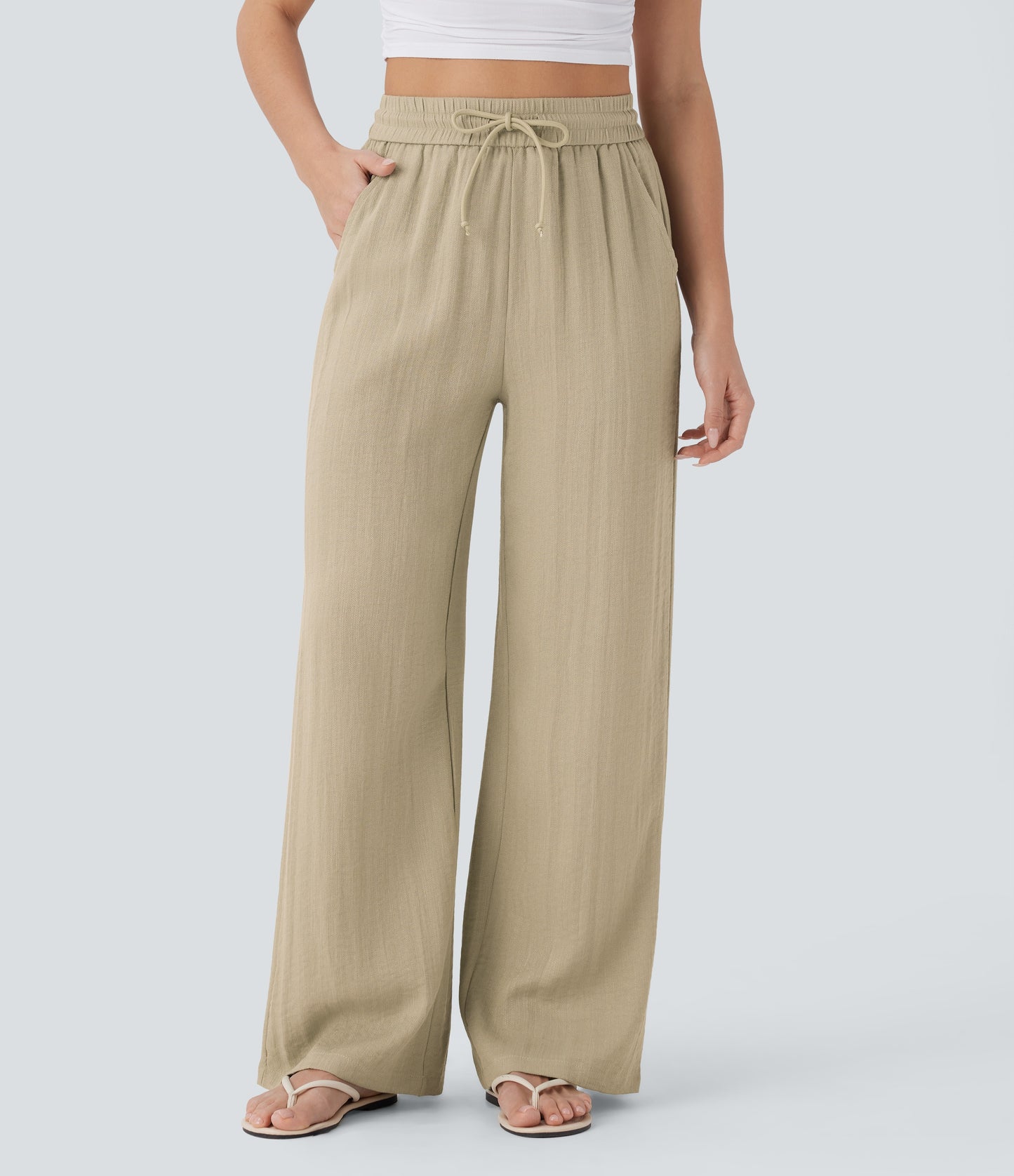 Pantalón Palazzo de Tiro Alto con Acabado Lino