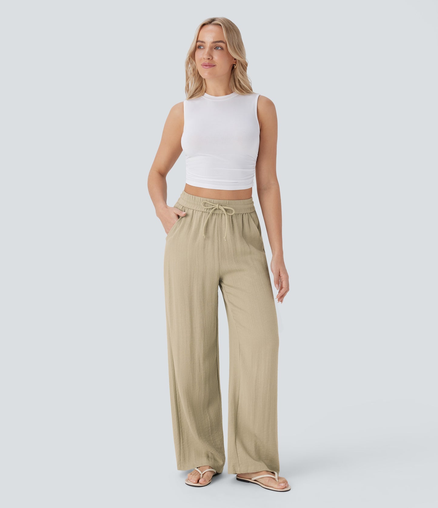 Pantalón Palazzo de Tiro Alto con Acabado Lino