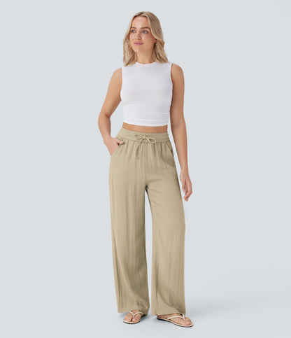 Pantalón Palazzo de Tiro Alto con Acabado Lino