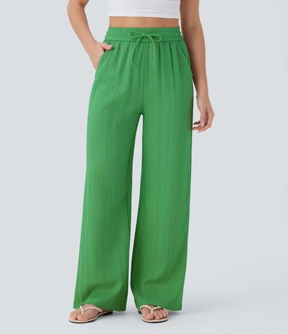 Pantalón Palazzo de Tiro Alto con Acabado Lino