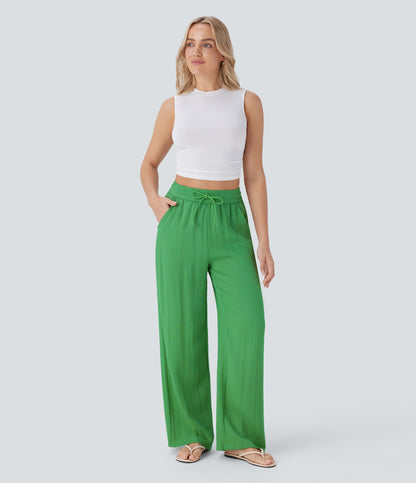 Pantalón Palazzo de Tiro Alto con Acabado Lino