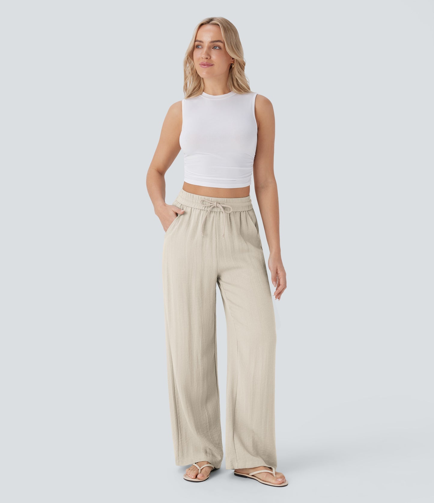 Pantalón Palazzo de Tiro Alto con Acabado Lino