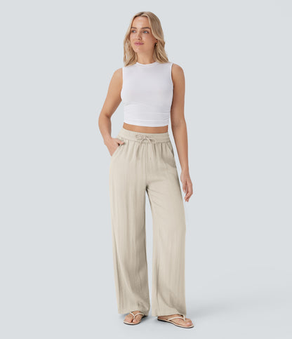 Pantalón Palazzo de Tiro Alto con Acabado Lino