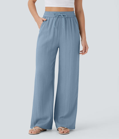 Pantalón Palazzo de Tiro Alto con Acabado Lino