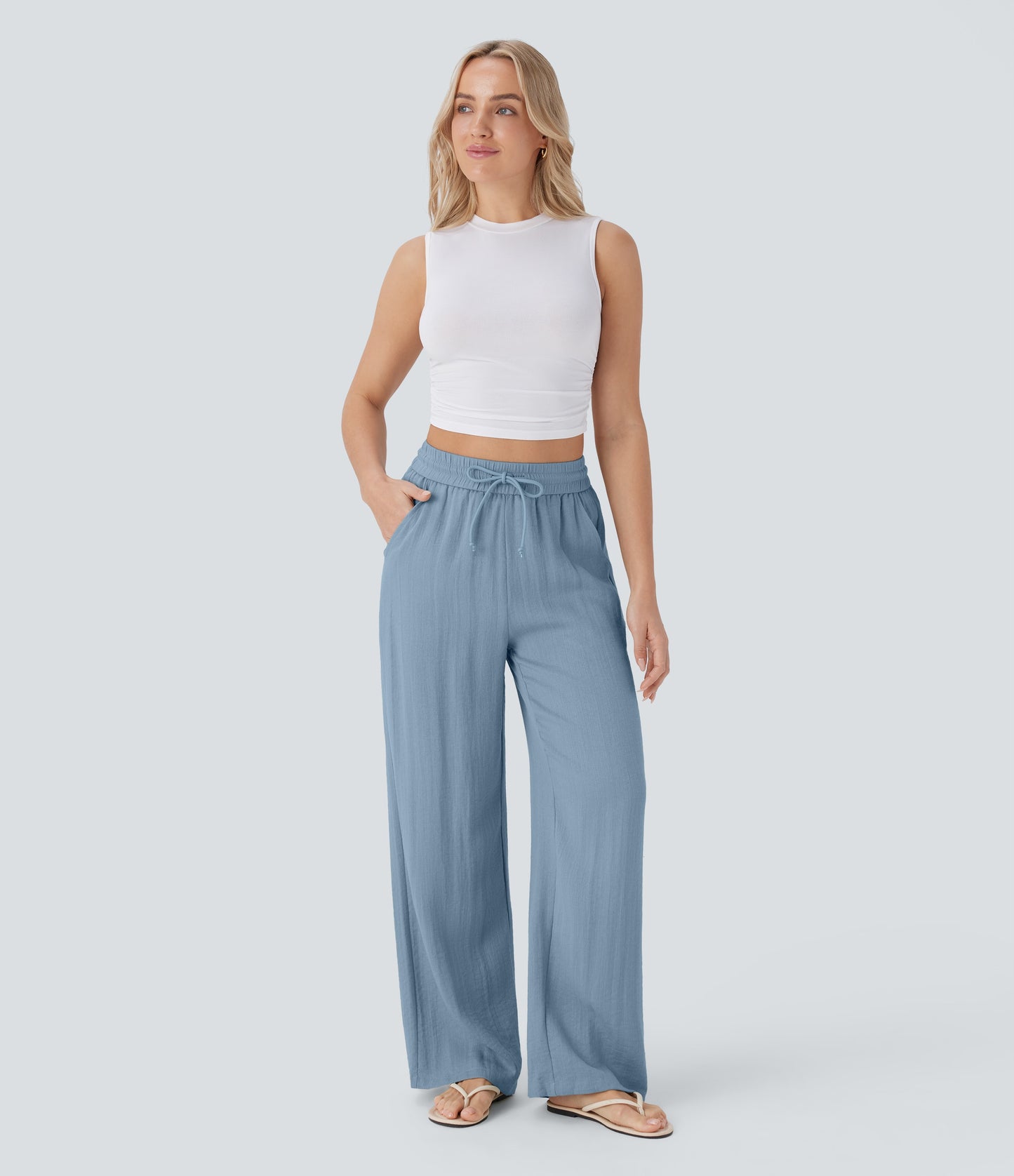 Pantalón Palazzo de Tiro Alto con Acabado Lino