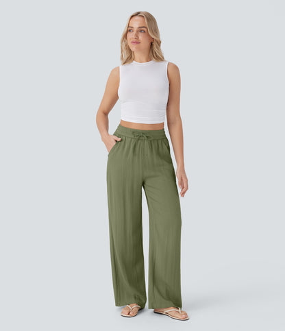 Pantalón Palazzo de Tiro Alto con Acabado Lino