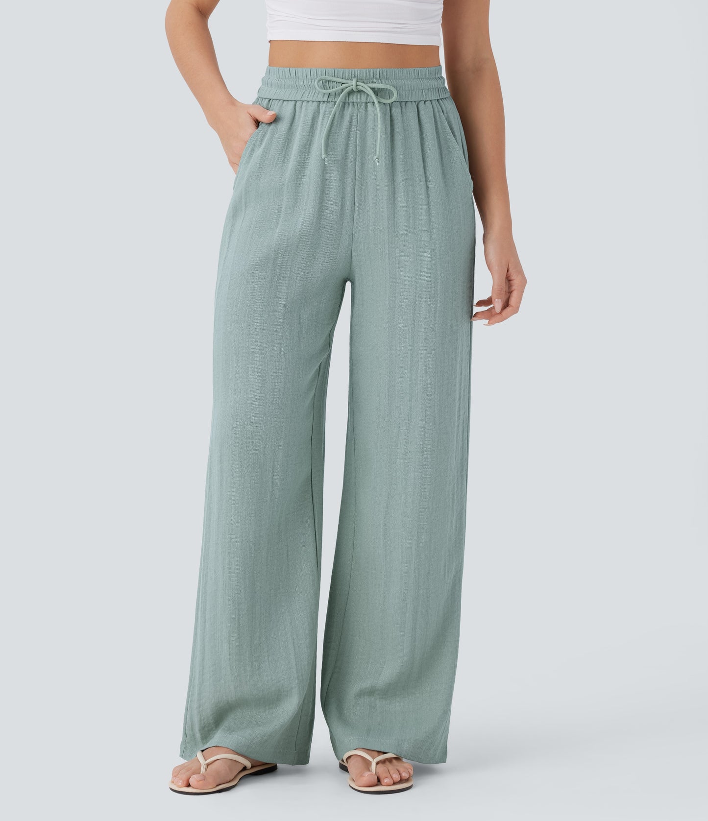 Pantalón Palazzo de Tiro Alto con Acabado Lino