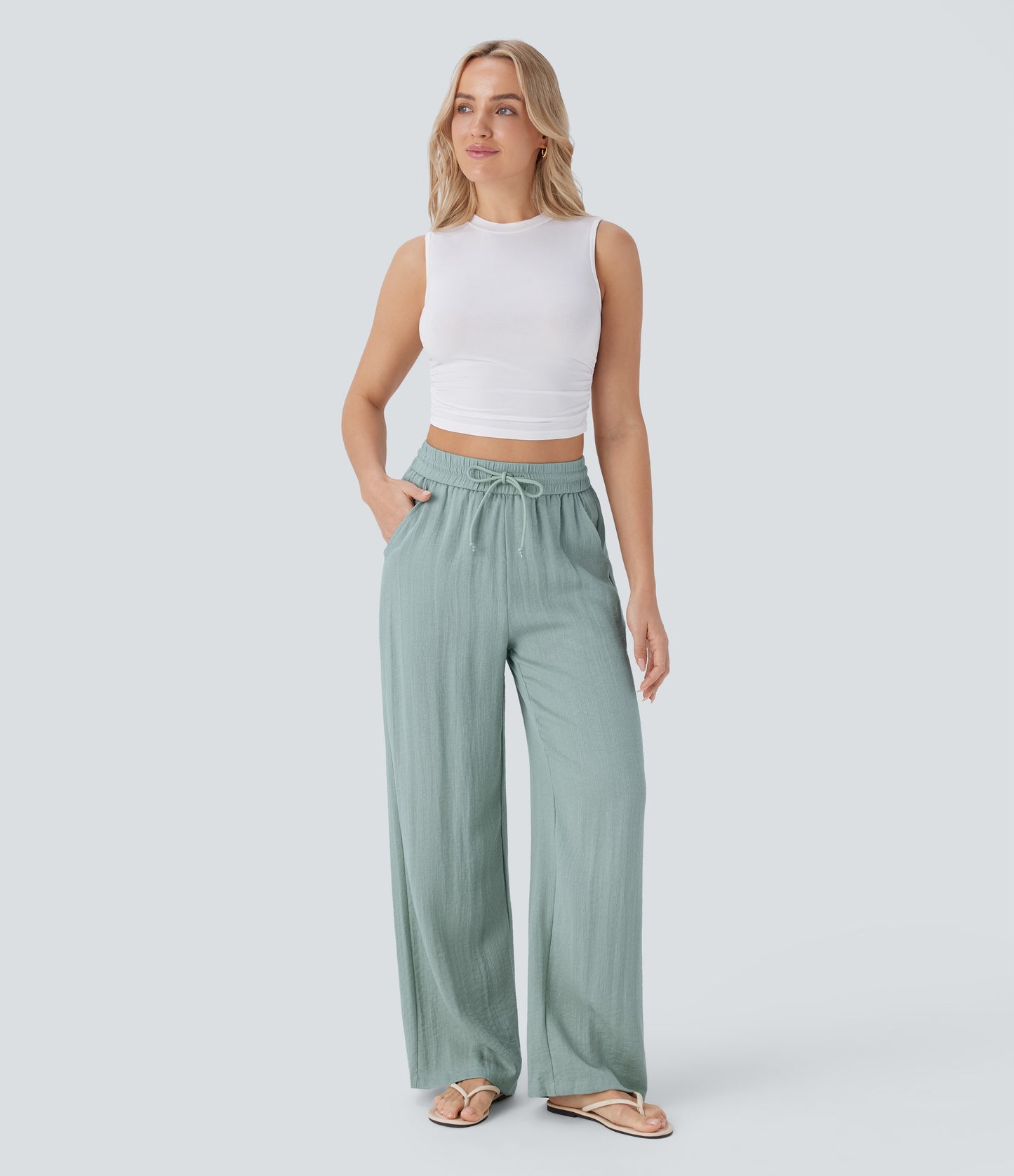 Pantalón Palazzo de Tiro Alto con Acabado Lino
