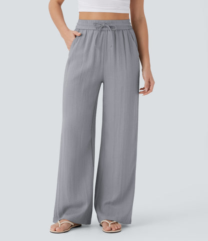 Pantalón Palazzo de Tiro Alto con Acabado Lino