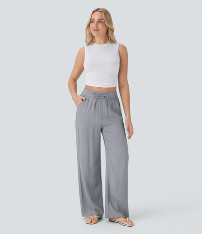 Pantalón Palazzo de Tiro Alto con Acabado Lino
