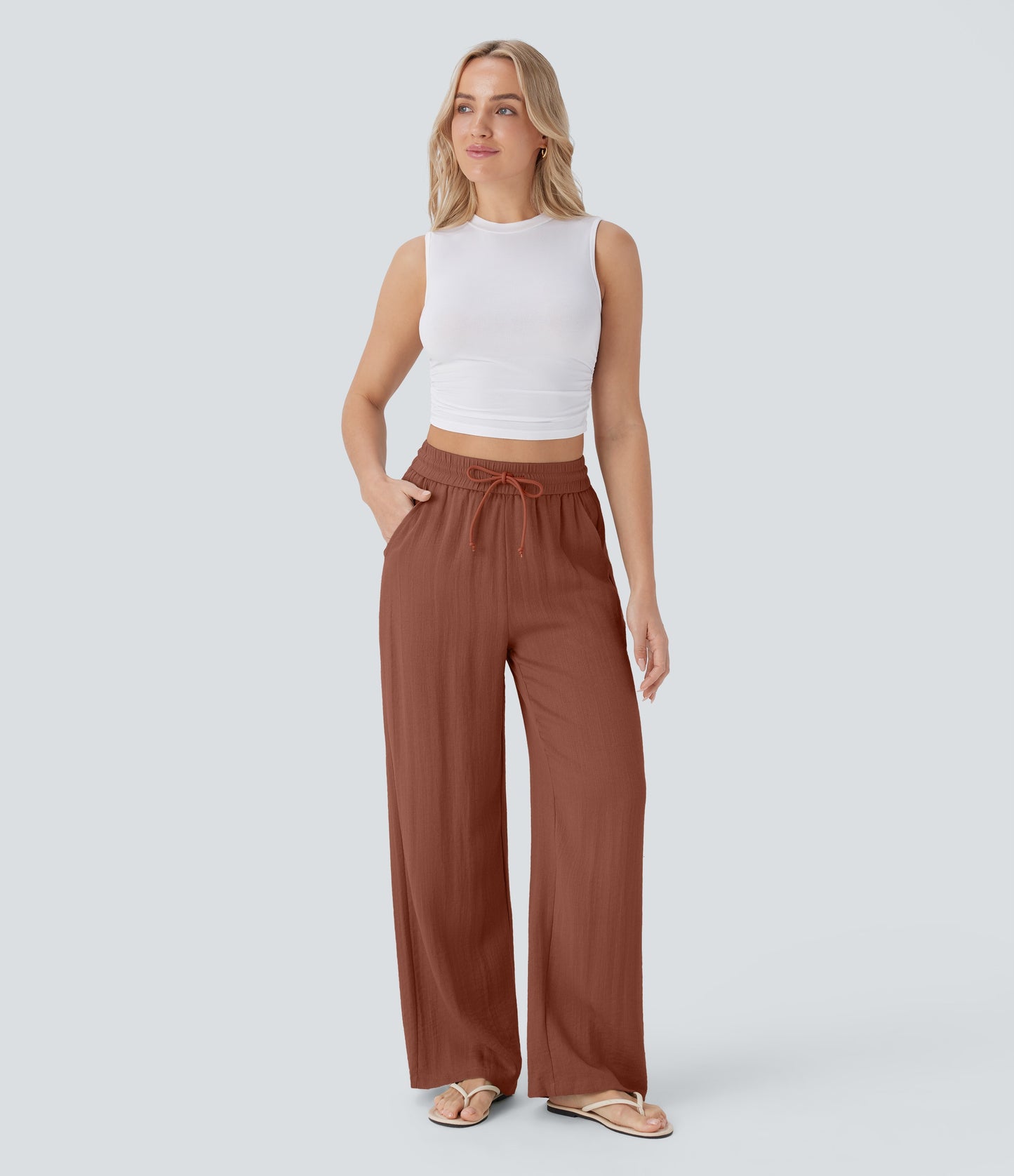 Pantalón Palazzo de Tiro Alto con Acabado Lino