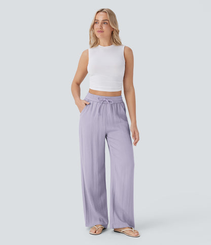 Pantalón Palazzo de Tiro Alto con Acabado Lino