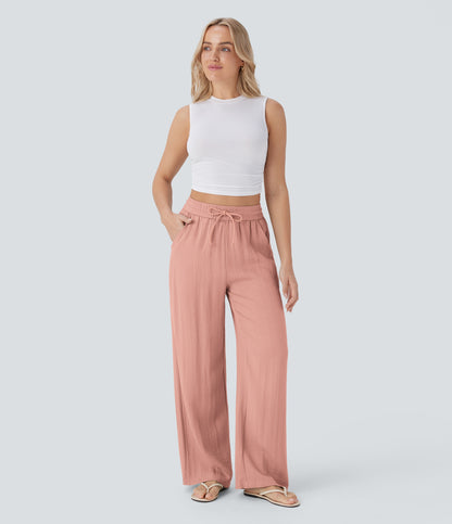 Pantalón Palazzo de Tiro Alto con Acabado Lino