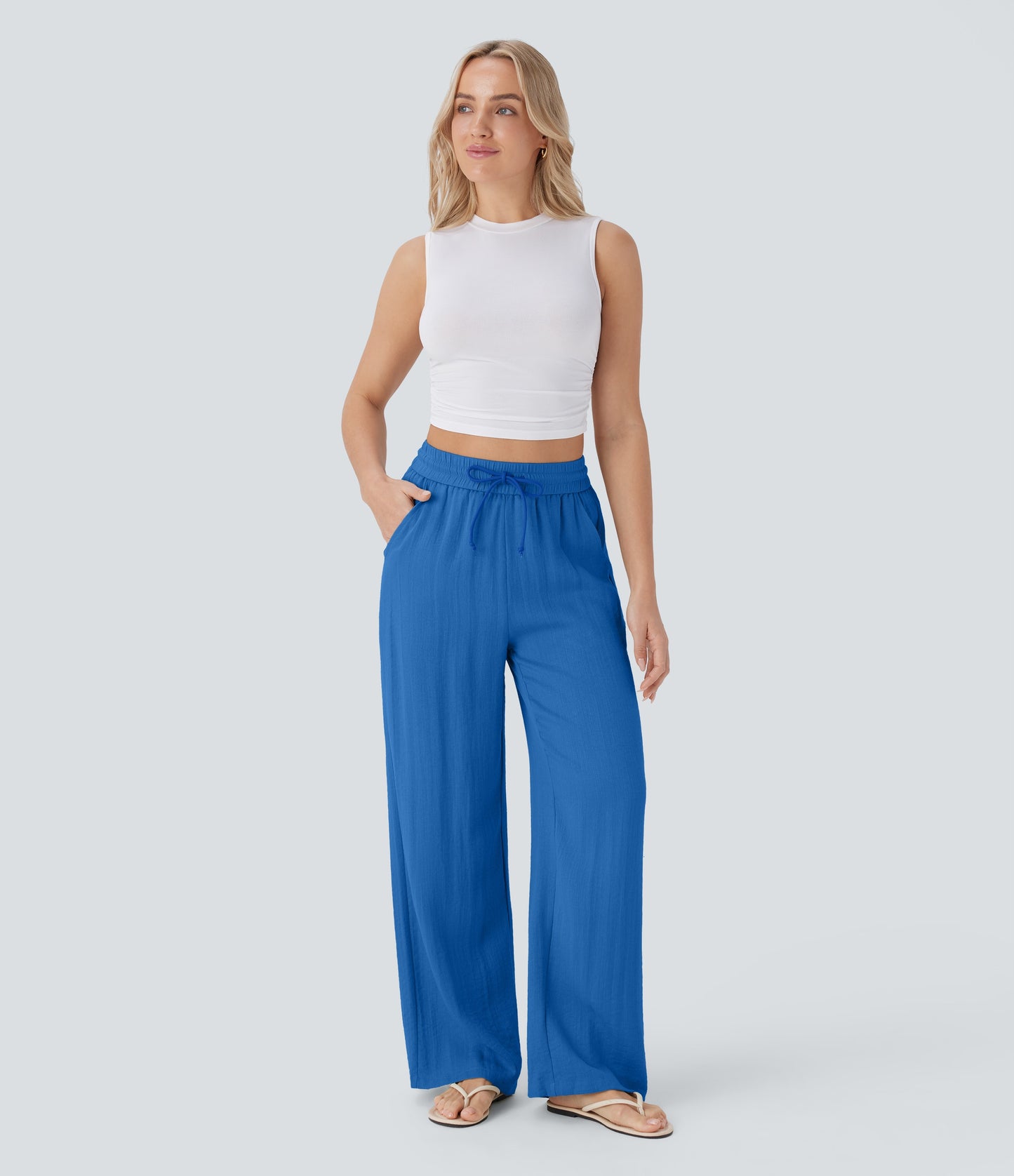 Pantalón Palazzo de Tiro Alto con Acabado Lino