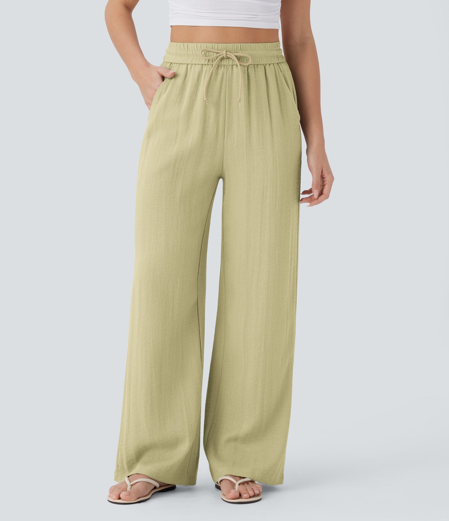 Pantalón Palazzo de Tiro Alto con Acabado Lino