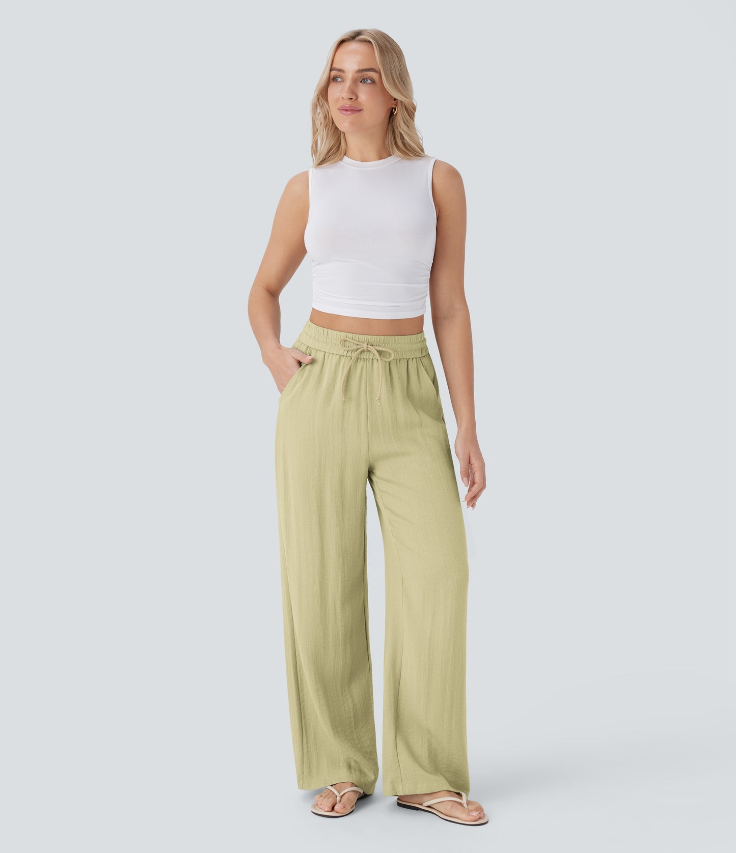 Pantalón Palazzo de Tiro Alto con Acabado Lino