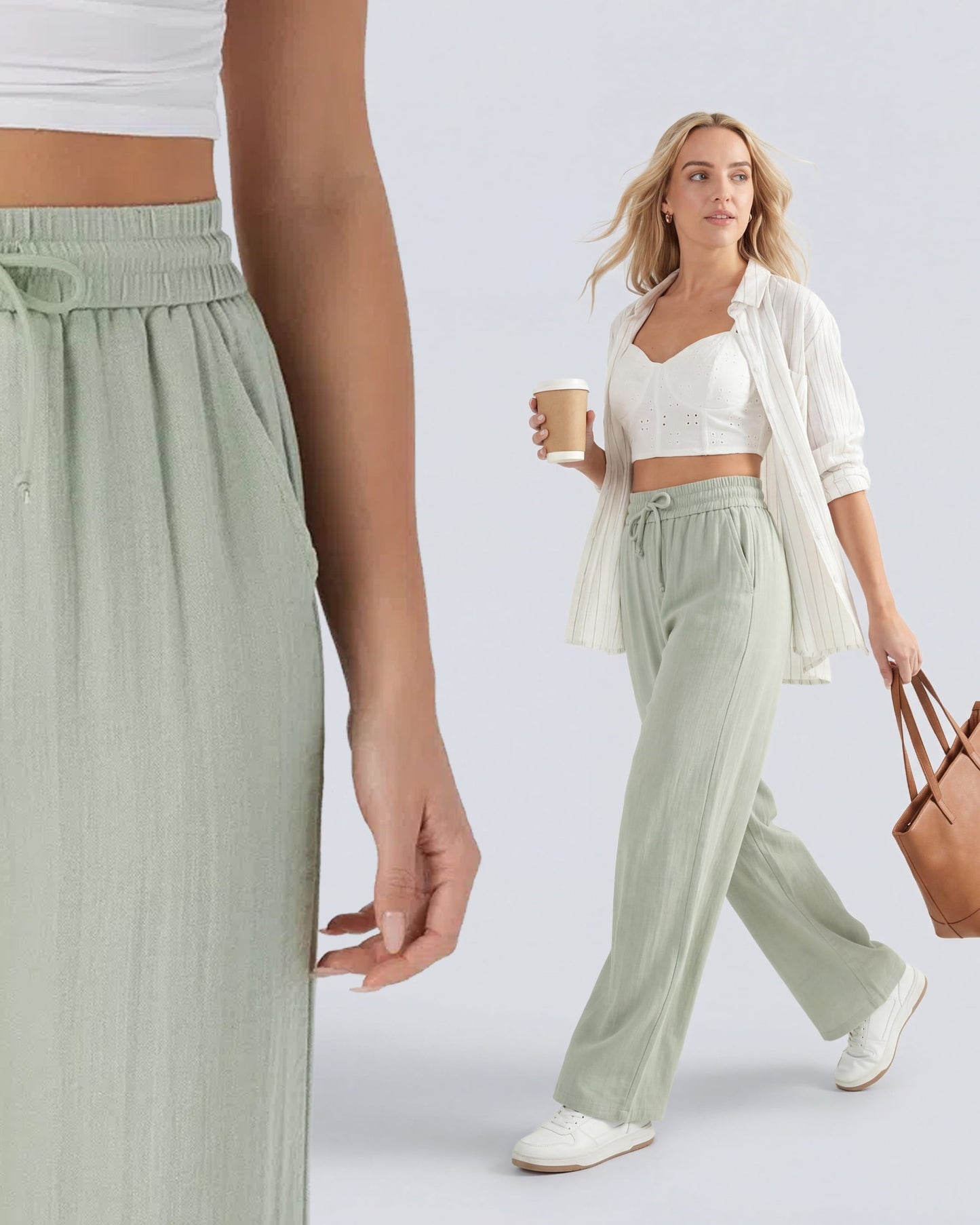 Pantalón Palazzo de Tiro Alto con Acabado Lino
