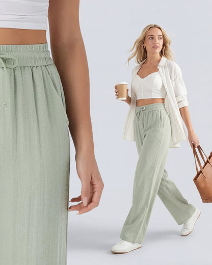 Pantalón Palazzo de Tiro Alto con Acabado Lino
